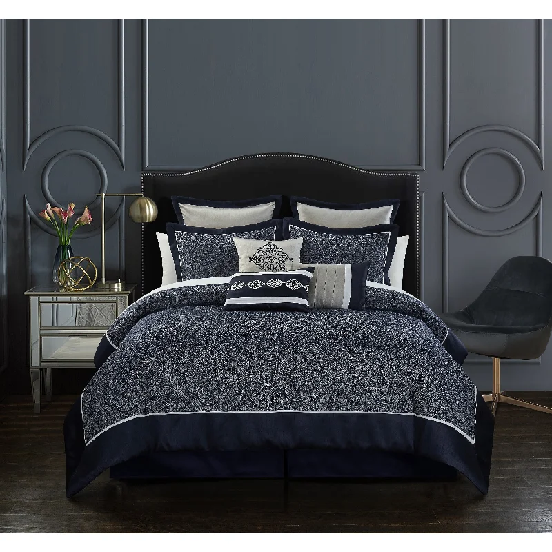 Cotton - filled comforters for a breathable and natural sleep experienceChic Home Merielle 9 Piece Jacquard Solid Border Comforter Set, Navy Cotton - filled comforters for a breathable and natural sleep experienceChic Home Merielle 9 Piece Jacquard Solid Border Comforter Set, Navy