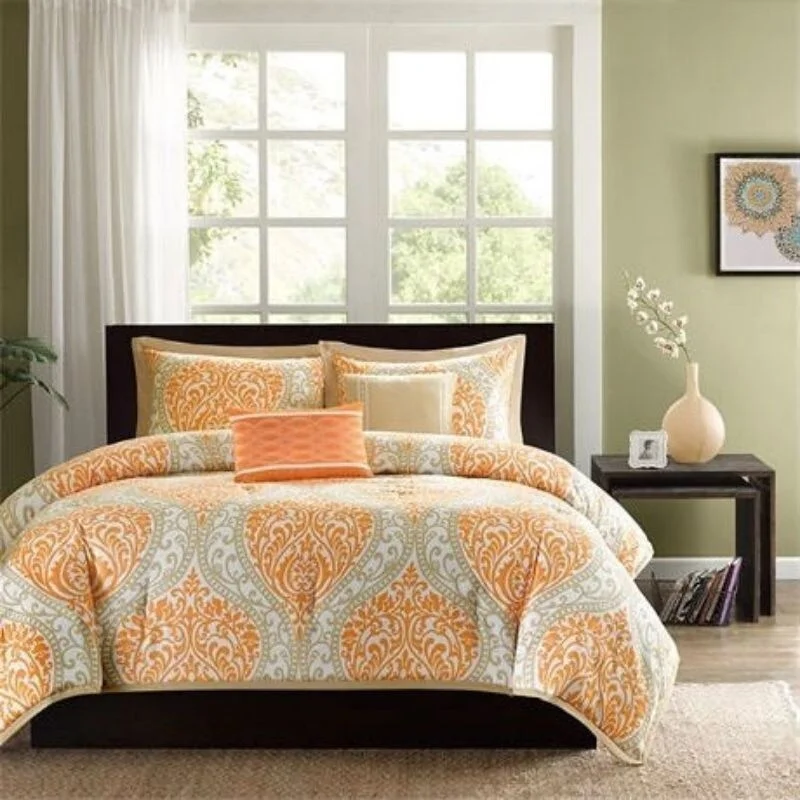 Duck down comforters with a softer feel and good warmth retentionTwin size 4-Piece Orange White Damask Print Comforter Set Duck down comforters with a softer feel and good warmth retentionTwin size 4-Piece Orange White Damask Print Comforter Set