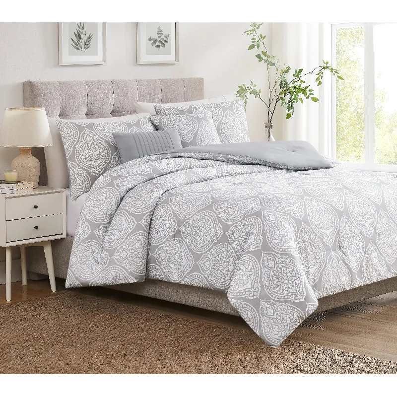 Queen - size comforters for standard queen - sized mattresses5 Pc Damask Printed Comforter Set Grey