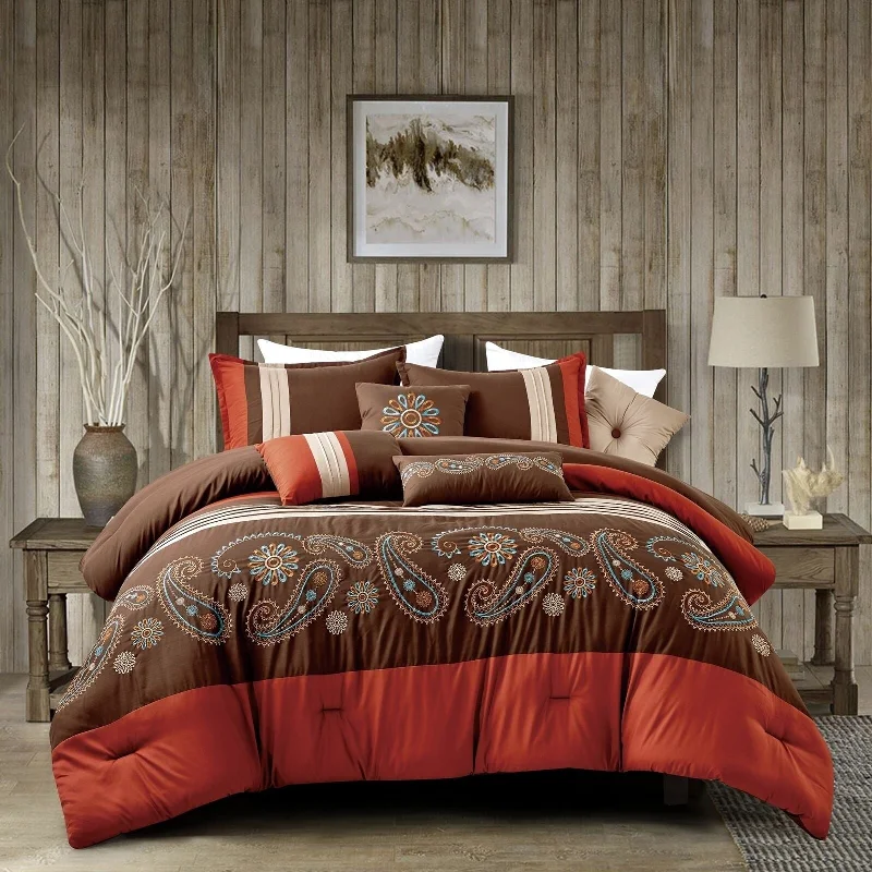 Full - size comforters suitable for full - sized beds in guest rooms or small bedrooms7 Piece Comforter Set Brown Red Paisley Bedding Set Full - size comforters suitable for full - sized beds in guest rooms or small bedrooms7 Piece Comforter Set Brown Red Paisley Bedding Set