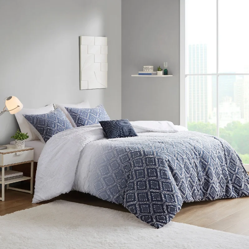 Bamboo - fiber - filled comforters with antibacterial and breathable qualitiesEvelyn Ombre Printed Clipped Jacquard Comforter Set by Intelligent Design Navy Bamboo - fiber - filled comforters with antibacterial and breathable qualitiesEvelyn Ombre Printed Clipped Jacquard Comforter Set by Intelligent Design Navy