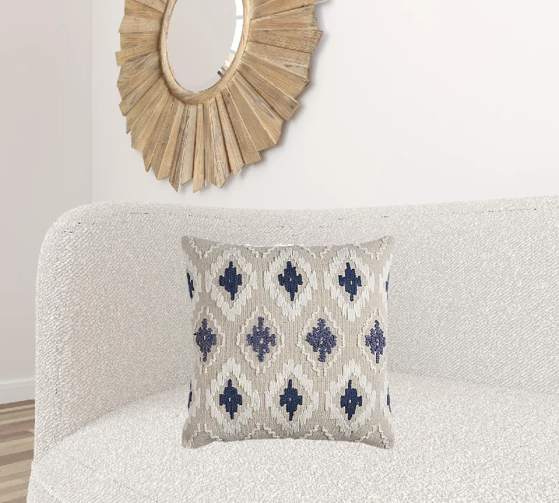 Cotton Pillows for Natural ComfortAdjustable Pillows for Customized ComfortNavy Beige Classic Ikat Pattern Throw Pillow