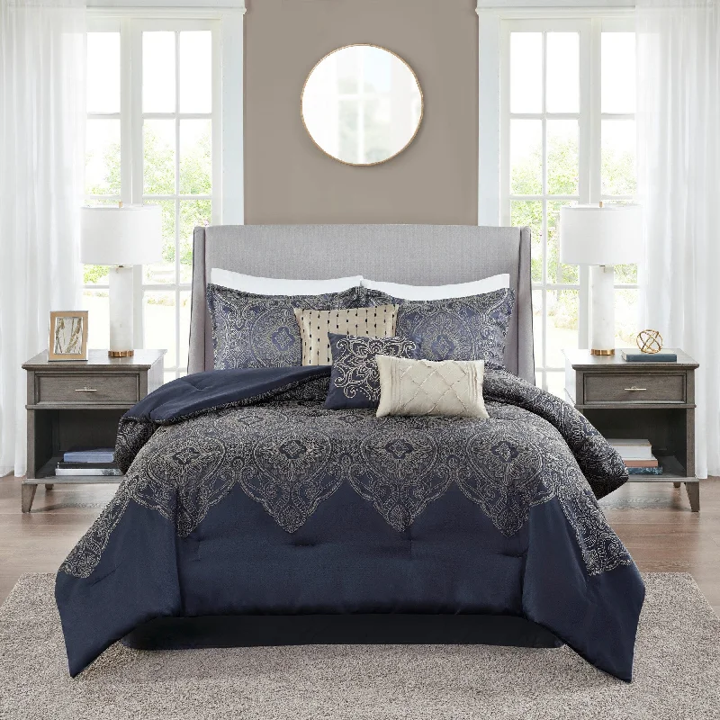 Microfiber - filled comforters that are lightweight and easy to care forMadison Park Ingrid Navy 7 Piece Jacquard Comforter Set Microfiber - filled comforters that are lightweight and easy to care forMadison Park Ingrid Navy 7 Piece Jacquard Comforter Set