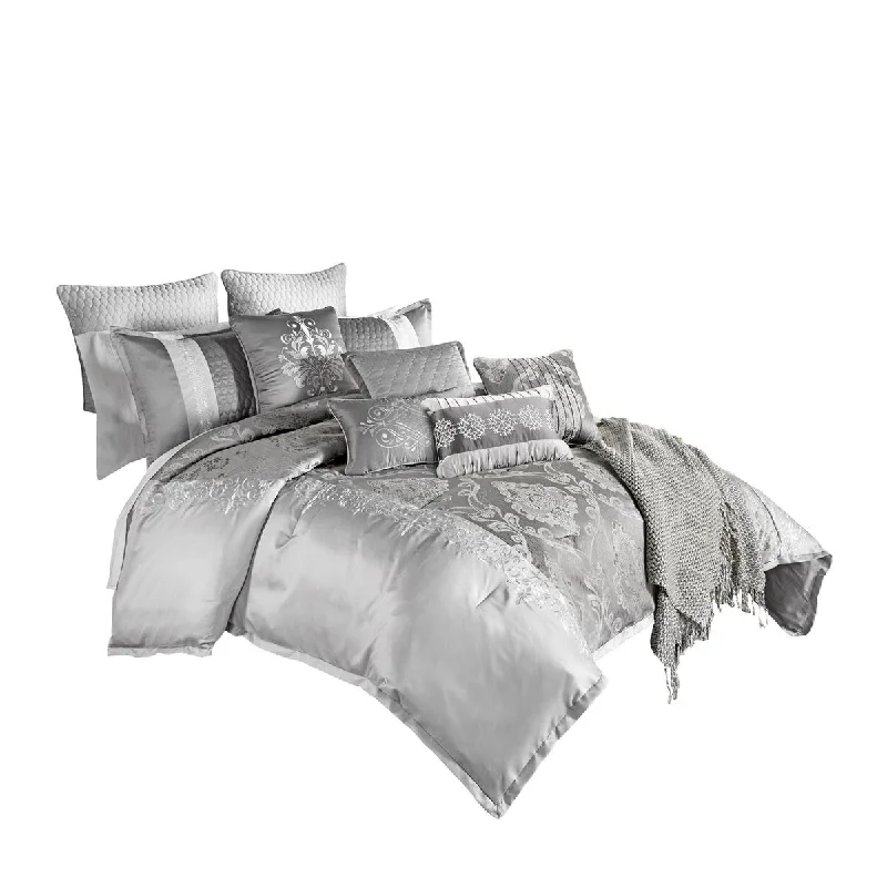 Cotton - filled comforters for a breathable and natural sleep experience12 Piece Queen Polyester Comforter Set with Medallion Print, Platinum Grey Cotton - filled comforters for a breathable and natural sleep experience12 Piece Queen Polyester Comforter Set with Medallion Print, Platinum Grey