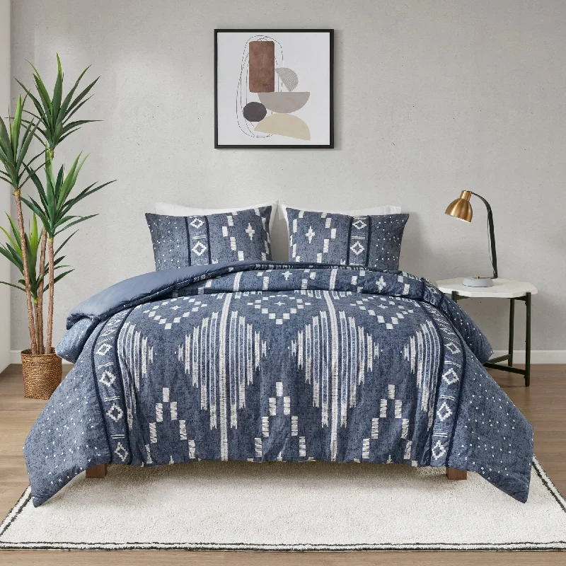 Queen - size comforters for standard queen - sized mattressesINK+IVY Inari Indigo Blue Cotton Printed Comforter Set With Trims Queen - size comforters for standard queen - sized mattressesINK+IVY Inari Indigo Blue Cotton Printed Comforter Set With Trims