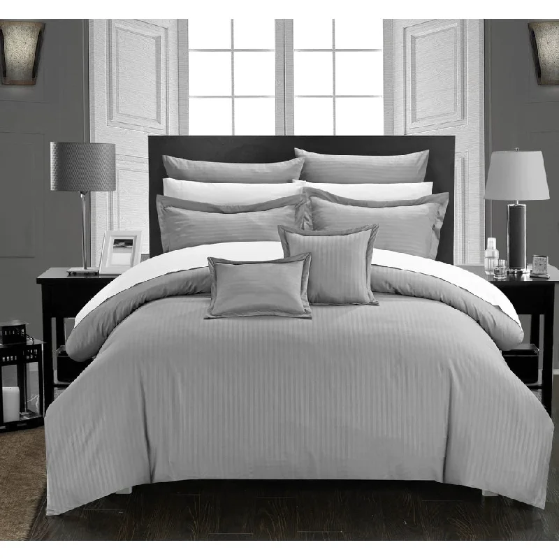 Silk - filled comforters for a luxurious and smooth touchChic Home Keynes 7-Piece Jacquard Silver Striped Comforter Set Silk - filled comforters for a luxurious and smooth touchChic Home Keynes 7-Piece Jacquard Silver Striped Comforter Set