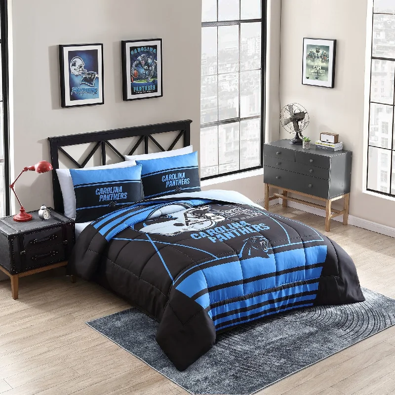 Wool - filled comforters with natural moisture - wicking and temperature - regulating featuresCarolina Panthers NFL Licensed "Crosser" Comforter & Sham Set Wool - filled comforters with natural moisture - wicking and temperature - regulating featuresCarolina Panthers NFL Licensed "Crosser" Comforter & Sham Set
