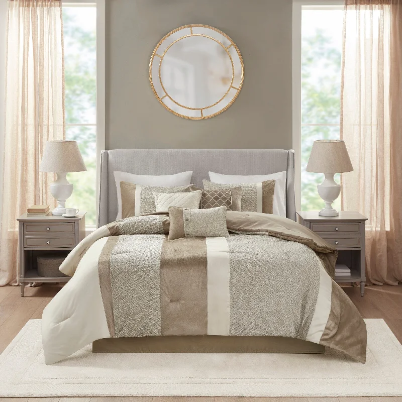 Down - filled comforters for supreme warmth and lightnessMadison Park Wagner Taupe/ Brown 7 Piece Comforter Set Down - filled comforters for supreme warmth and lightnessMadison Park Wagner Taupe/ Brown 7 Piece Comforter Set