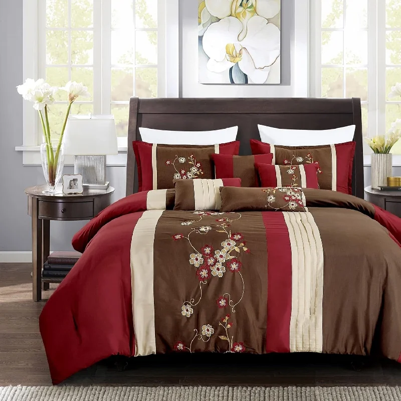 Down - filled comforters for supreme warmth and lightness7 Piece Comforter Brown Beige Red Floral Striped Modern Bedding Set Down - filled comforters for supreme warmth and lightness7 Piece Comforter Brown Beige Red Floral Striped Modern Bedding Set