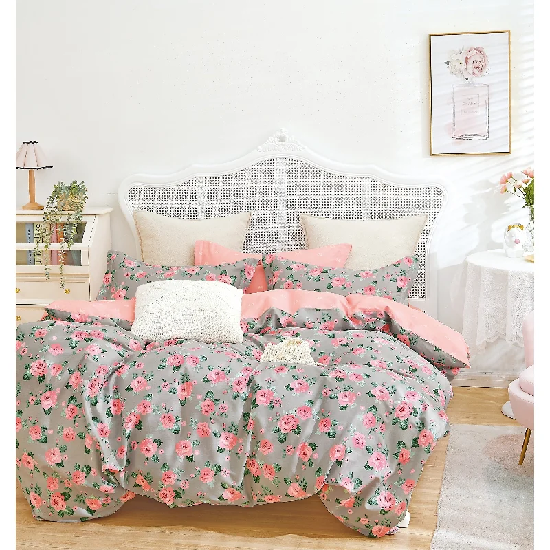 Down - filled comforters for supreme warmth and lightnessTiffany Rose Print Gray/Pink 100% Cotton Reversible Comforter Set Down - filled comforters for supreme warmth and lightnessTiffany Rose Print Gray/Pink 100% Cotton Reversible Comforter Set