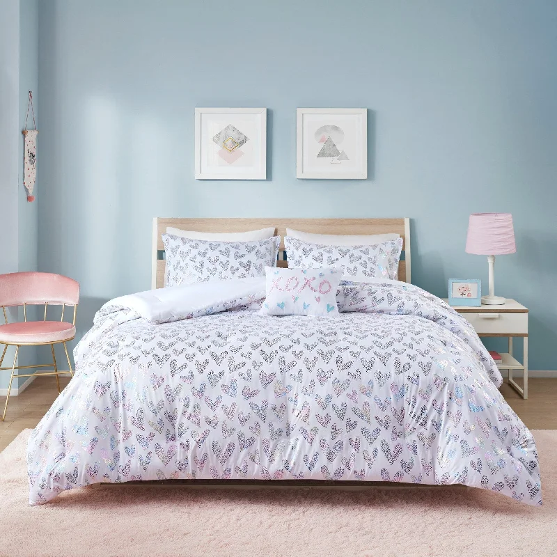 Queen - size comforters for standard queen - sized mattressesStacey Iridescent Metallic Heart Printed Comforter Set by Mi Zone Queen - size comforters for standard queen - sized mattressesStacey Iridescent Metallic Heart Printed Comforter Set by Mi Zone