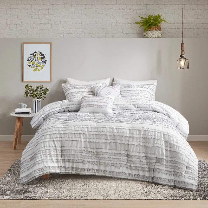 Goose down comforters known for their superior quality and insulationPeyton Grey 5 Piece Cotton Clip Jacquard Comforter Set by Urban Habitat Goose down comforters known for their superior quality and insulationPeyton Grey 5 Piece Cotton Clip Jacquard Comforter Set by Urban Habitat