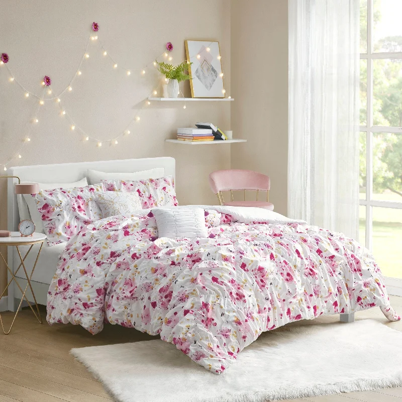 Full - size comforters suitable for full - sized beds in guest rooms or small bedroomsMarissa Pink Floral Printed Ruched Comforter Set by Intelligent Design Full - size comforters suitable for full - sized beds in guest rooms or small bedroomsMarissa Pink Floral Printed Ruched Comforter Set by Intelligent Design