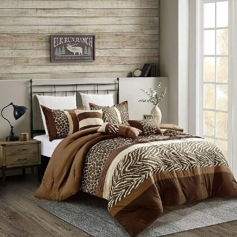 Wool - filled comforters with natural moisture - wicking and temperature - regulating features7 Piece Comforter Set Brown Beige Animal Print Safari Soft Bedding
