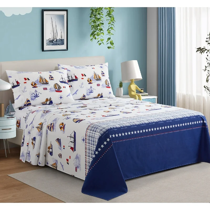 Twin - Size Sheet Sets with a Pillow ProtectorKids Boys Printed 600 Thread Count Soft Deep Pocket Cotton Blend Percale All Season Bedding Sheet Set, Nautical Sailing Boat Twin - Size Sheet Sets with a Pillow ProtectorKids Boys Printed 600 Thread Count Soft Deep Pocket Cotton Blend Percale All Season Bedding Sheet Set, Nautical Sailing Boat