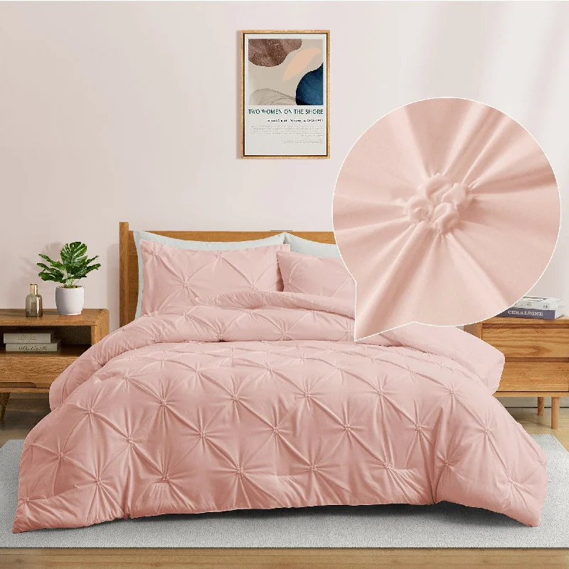 3 Piece Pintuck Pinch Pleat Comforter Set, Bedding Set for All Season, Pink