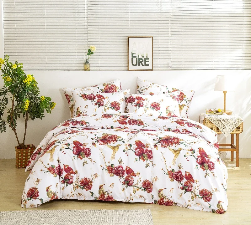 Children's - room duvet covers with fun and colorful designsTache Floral Hummingbirds Burgundy White Vintage Rose Garden Reversible Duvet Cover (SD-7676)