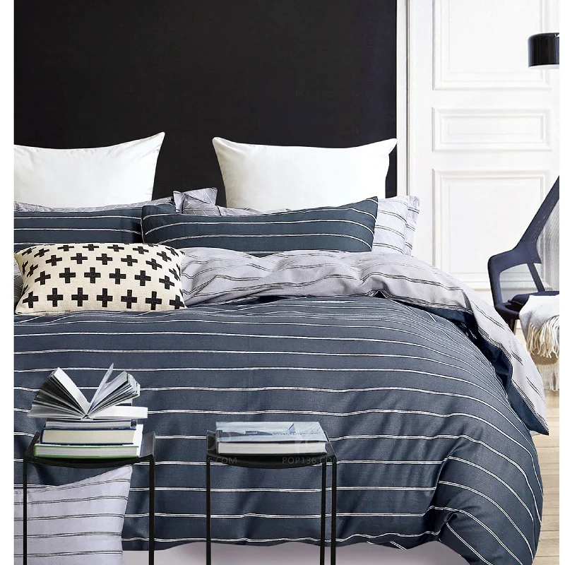 Navy Blue Striped 100% Cotton Reversible Comforter Set
