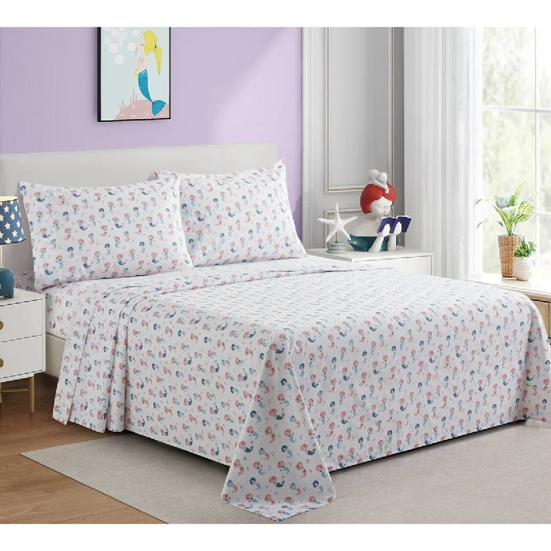Queen - Size Sheet Sets with a European Pillowcase SetKids Girls Printed 600 Thread Count Soft Deep Pocket Cotton Blend Percale All Season Bedding Sheet Set, Cartoon Mermaid Queen - Size Sheet Sets with a European Pillowcase SetKids Girls Printed 600 Thread Count Soft Deep Pocket Cotton Blend Percale All Season Bedding Sheet Set, Cartoon Mermaid