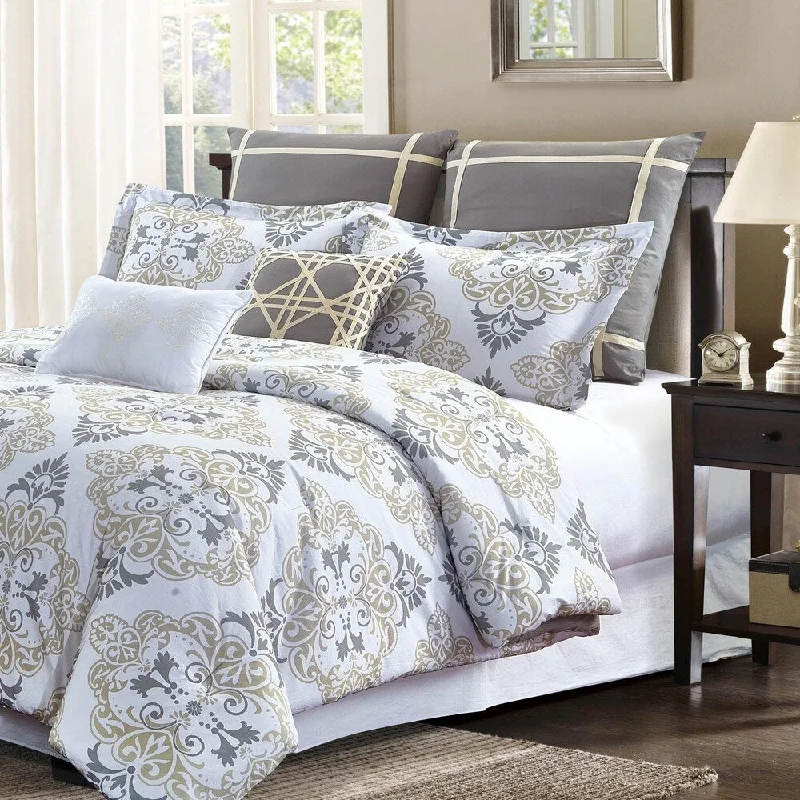 Style Quarters Suri 7pc Comforter Set - Gray and Taupe Damask Print - 100% Cotton - Machine Washable - King