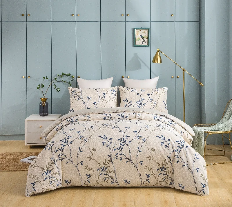 Tie - closure duvet covers with fabric ties for a more decorative and adjustable optionTache Poplin Cotton Elegant Leaf Vine Cream Beige Duvet Cover (JHW-842)