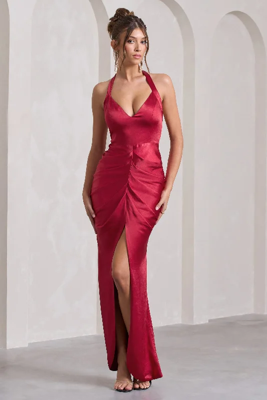 Rebecca | Red Satin Plunge Halter-Neck Open-Back Split Maxi Dress