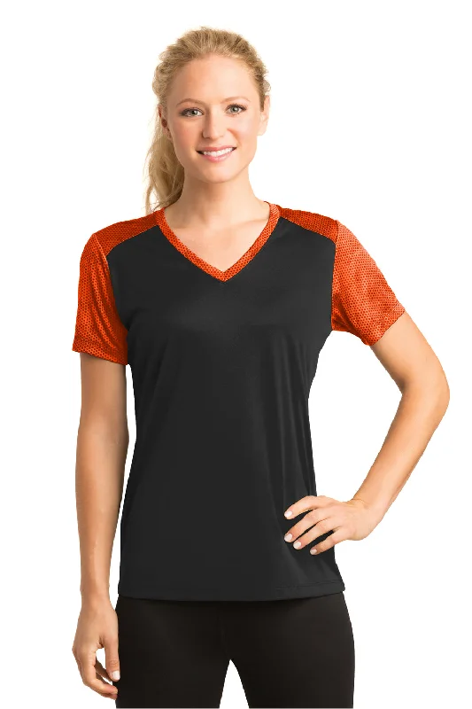 Sport-Tek Womens CamoHex Moisture Wicking Short Sleeve V-Neck T-Shirt - Black/Neon Orange - Closeout