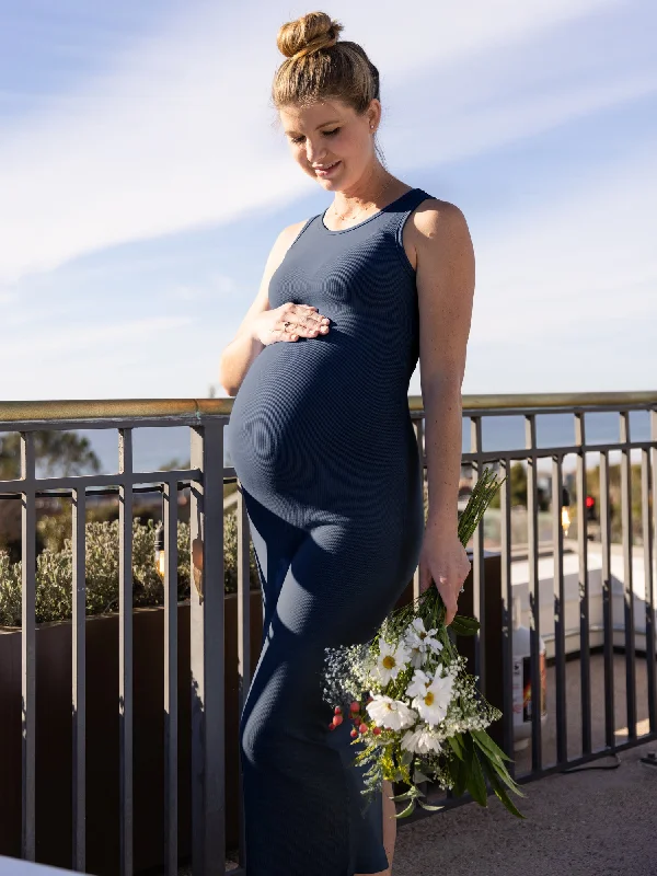 Gwen Ribbed Bamboo Maternity Midi Dress | Navy