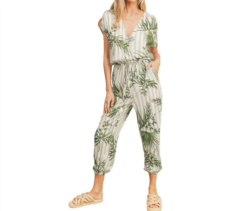 Tropical Stripe Pocket Jumpsuit In Taupe/olive