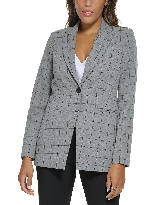 Petites Womens Woven Window Pane One-Button Blazer