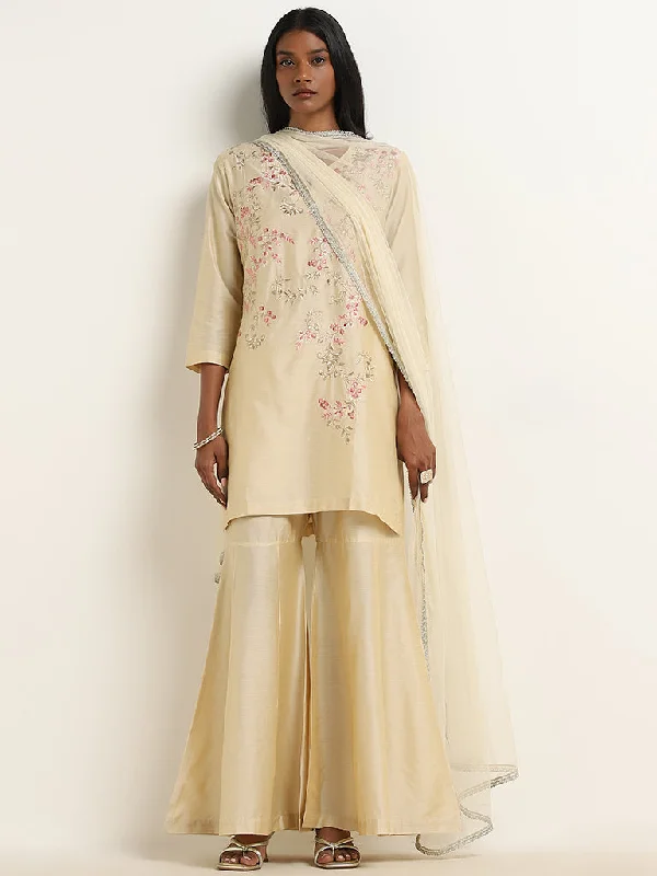 Vark Beige Floral Embroidered Kurti, Gharara & Dupatta Set