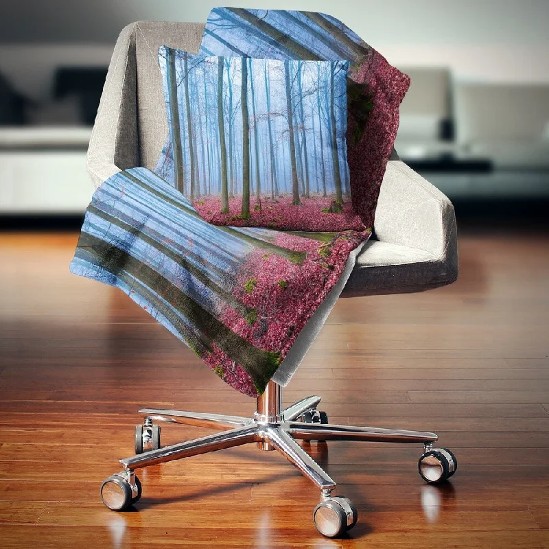 Linen blankets with a rustic and textured lookDesignart 'Foggy Forest in Blue and Pink Photo' Modern Forest Throw Blanket