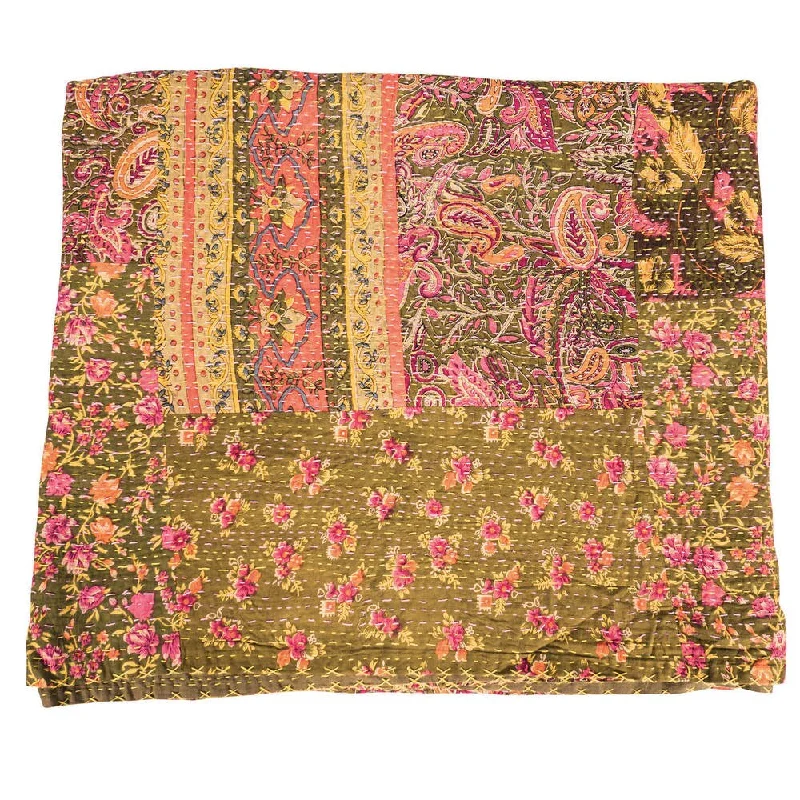 Mohair blankets with a unique sheen and softnessVintage Kantha Indian Handmade Golden Rose Throw Bedspread (India)