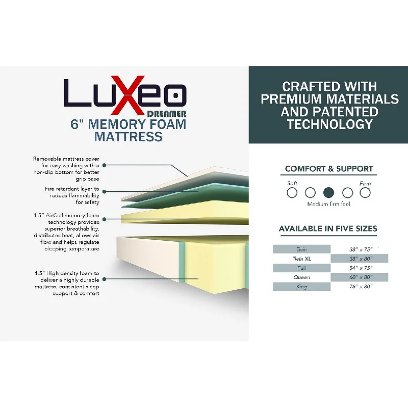 Polyester - foam mattresses for budget - friendly optionsLuXeo Dreamer 6-inch CertiPur-US Memory Foam Mattress Polyester - foam mattresses for budget - friendly optionsLuXeo Dreamer 6-inch CertiPur-US Memory Foam Mattress
